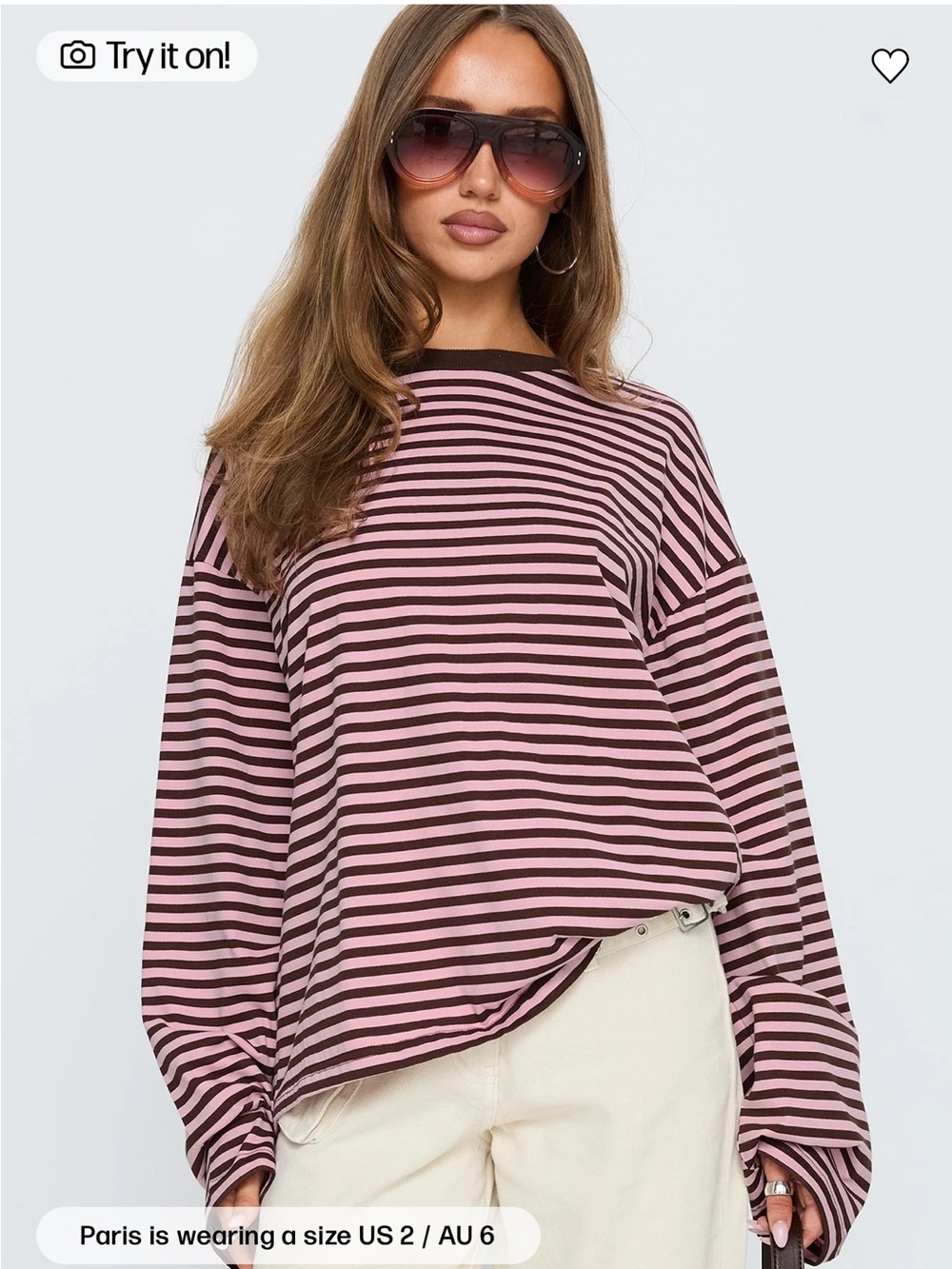Princess Polly Settle Down Striped Long-Sleeve Crewneck Top in Pink and Brown